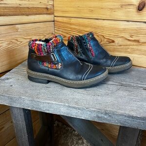 Rieker Black Ankle Boots Colorful Knit Trim Wool Lining Zipper Womens size 7